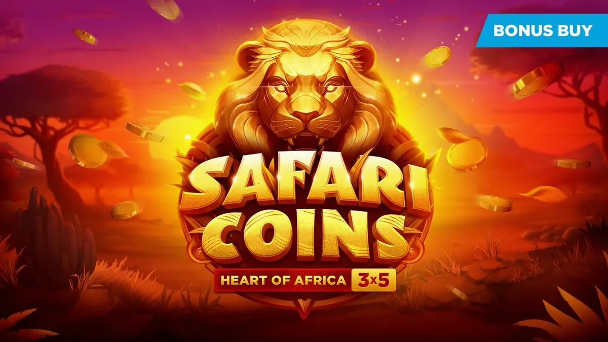 Pemandangan savana Afrika dalam permainan slot Safari Coins